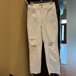 Madewell distressed the perfect vintage straight white jeans.